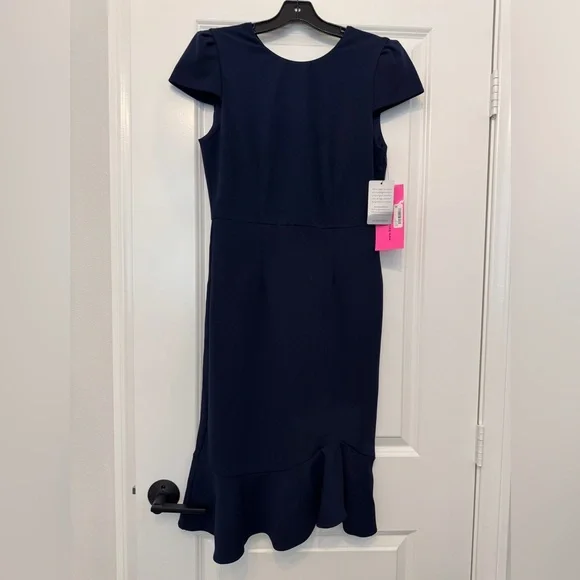 New Betsey Johnson Navy Stretch Ruffle Sheath Pencil Midi Dress Size 6 NWT - Picture 13 of 14